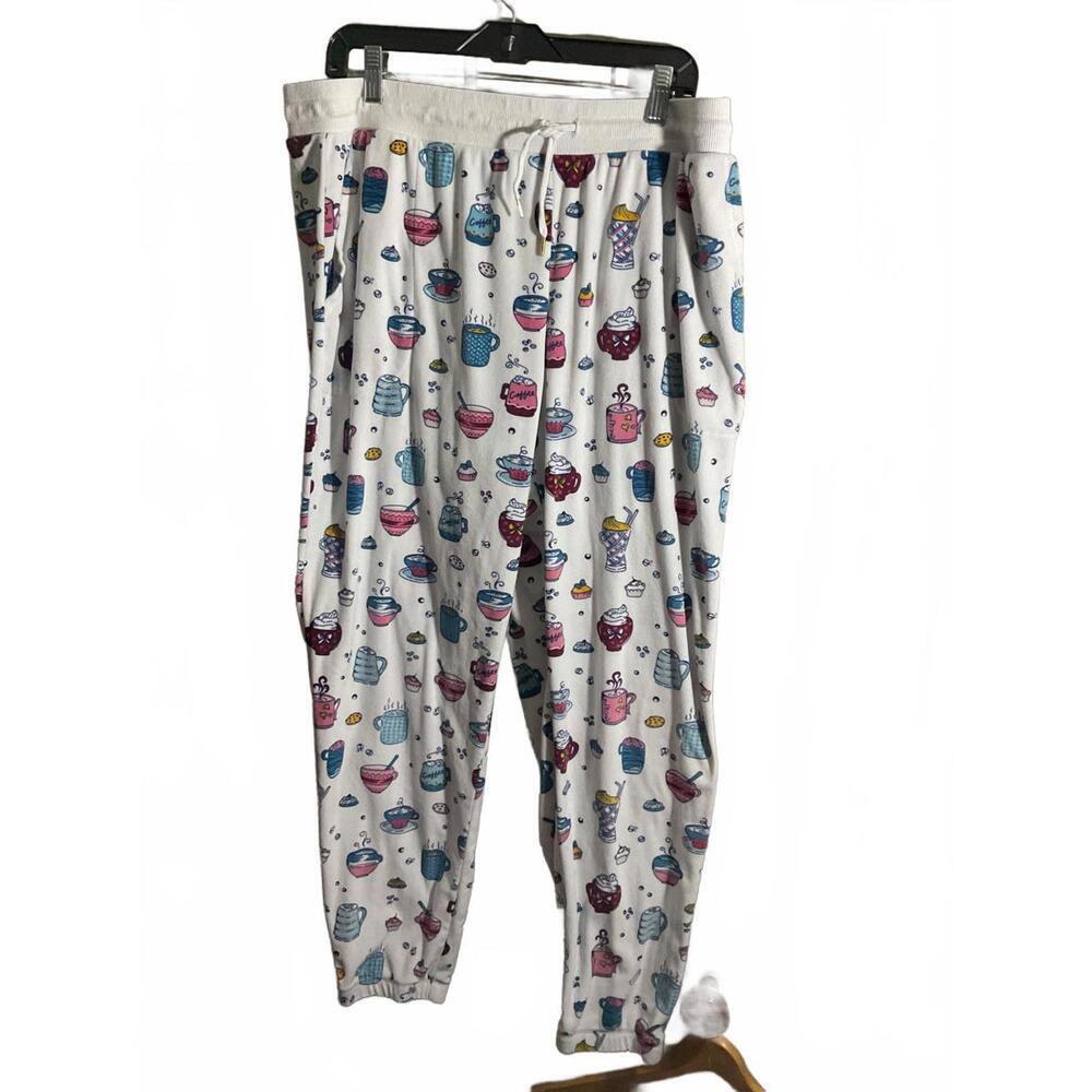 Cozy White Soft Pajama Pants with Cute Coffee and Tea Cup Print XL
